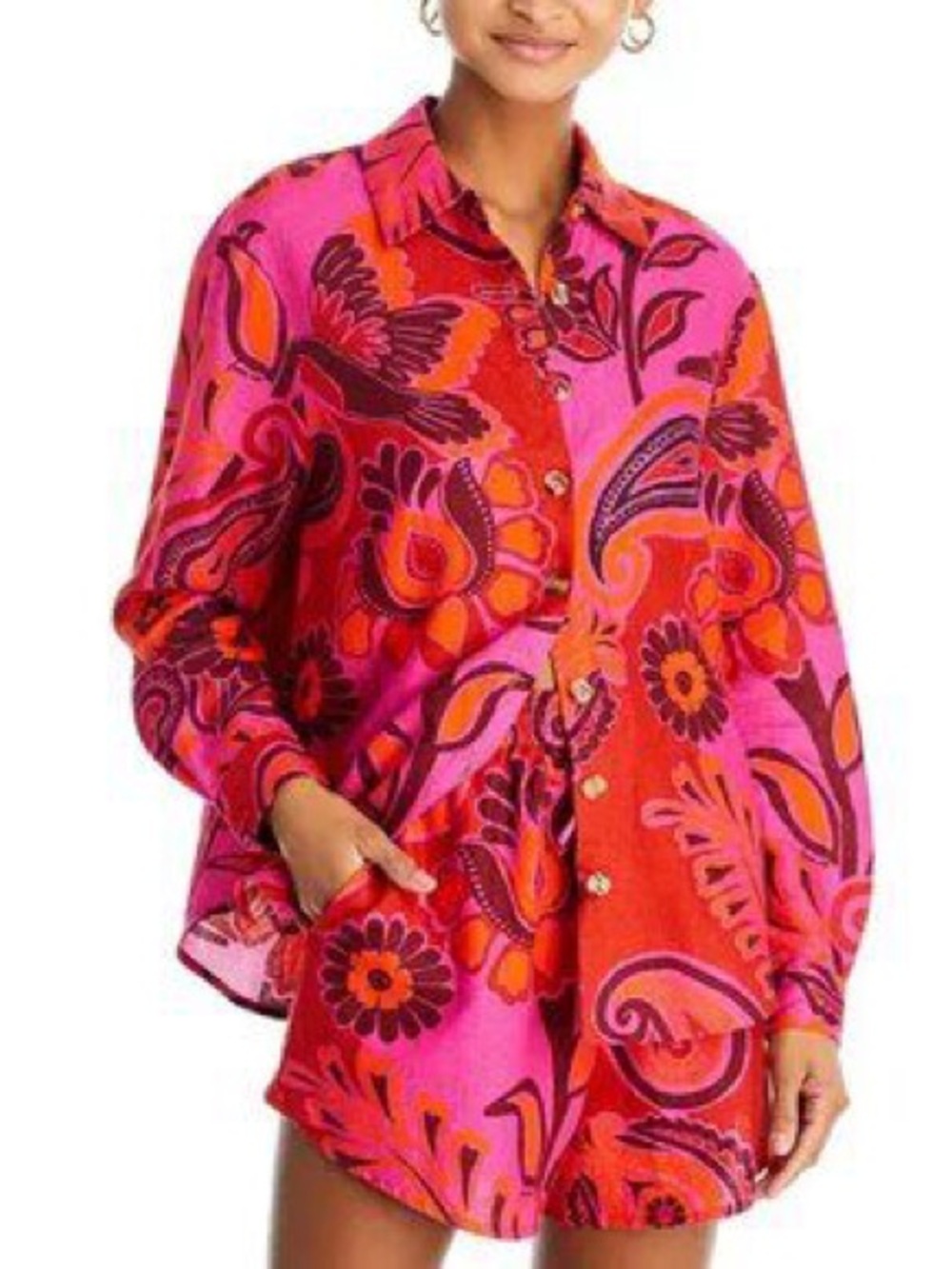 Farm Rio: Floral Button-Front Pink Shirt - Picture 6 of 9